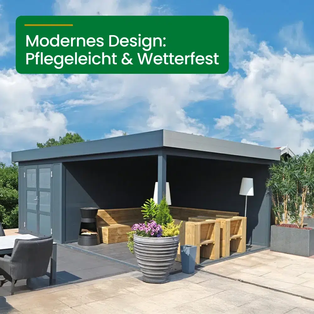 Moderner Lounge Gartenpavillon in Anthrazit mit hellen Holzmöbeln und großer Pflanze
