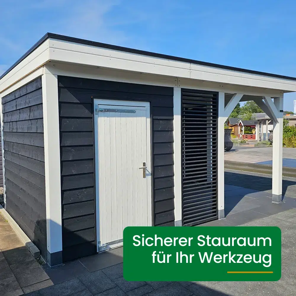 Ein modernes schwarzes Gartenhaus mit weißem Rahmen und überdachtem Bereich