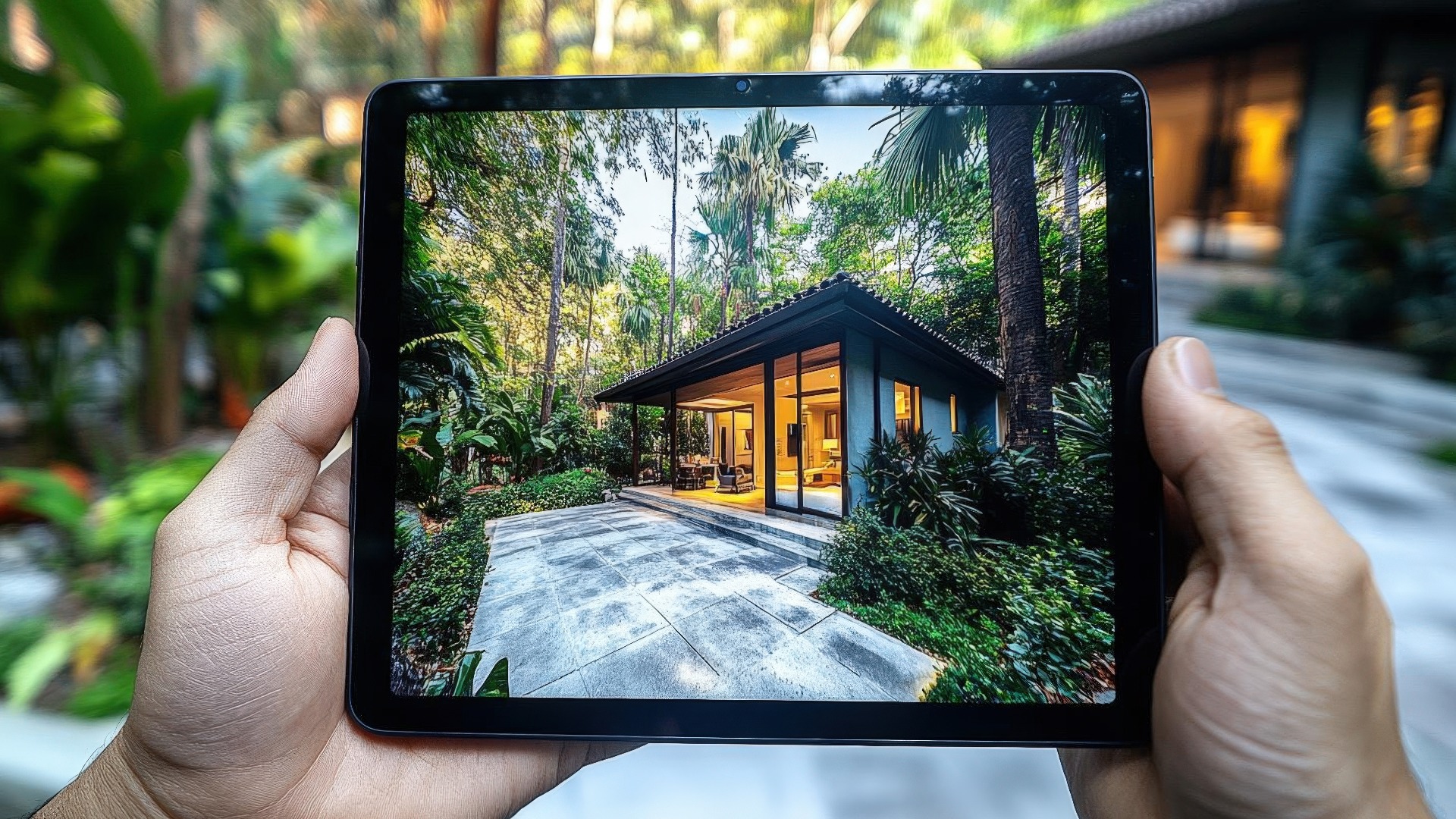 Visualisierung eines modernen Hausdesigns auf einem Tablet-Bildschirm